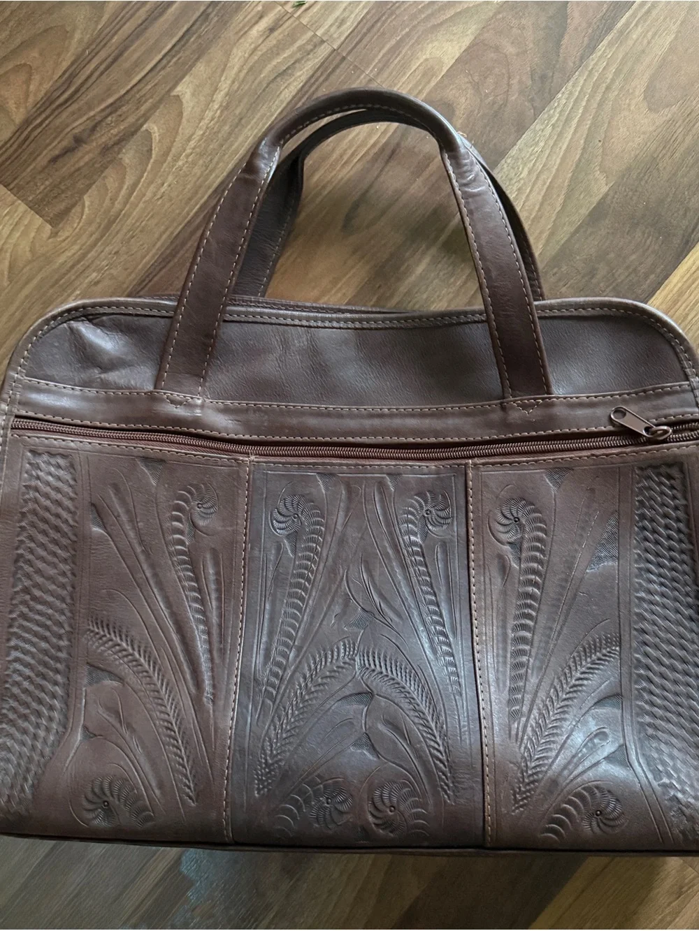 Hand-Tooled Brown Leather Briefcase Tote